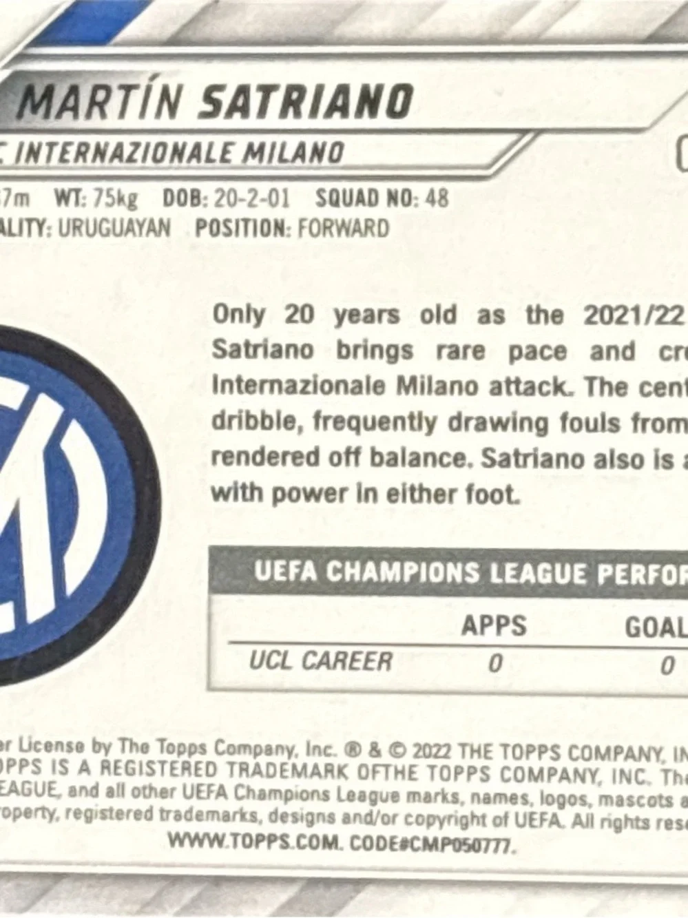 Topps  Martín Satriano Rookie Soccer Trading Card - LE 6/250